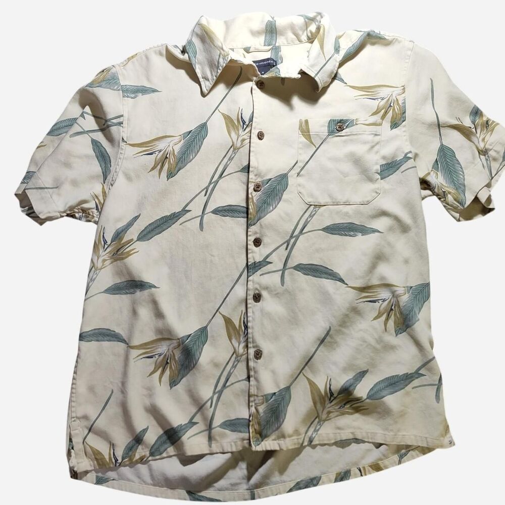 100% Silk pale yellow floral silk button up shirt size M